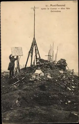 Ak Kemmel Heuvelland Westflandern, Mont-Kemmel apres la Guerre, Belvedere, Trümmer