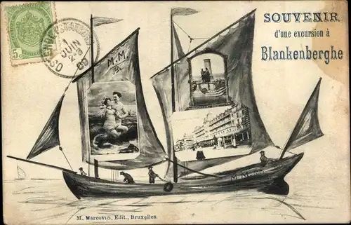 Ak Blankenberghe Blankenberge Westflandern, Segelboot, Fotos auf Segel, Gebäude, Menschen