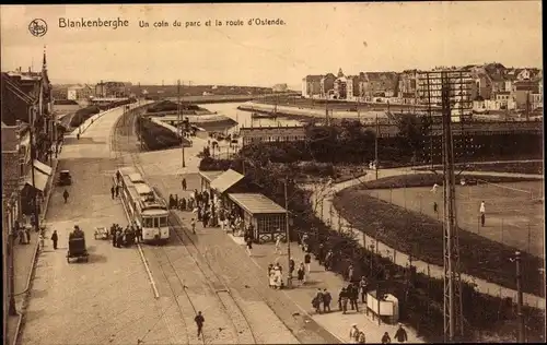 Ak Blankenberge Westflandern, Un coin du parc et la route d'Ostende