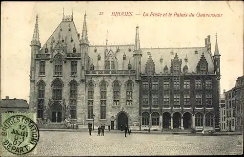 Ak Bruges Brügge Flandern Westflandern, La Poste et le Palais du Gouverneur