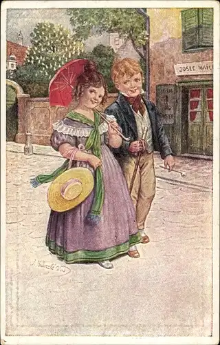 Künstler Ak Kränzle, Junge und Mädchen, Sonnenschirm