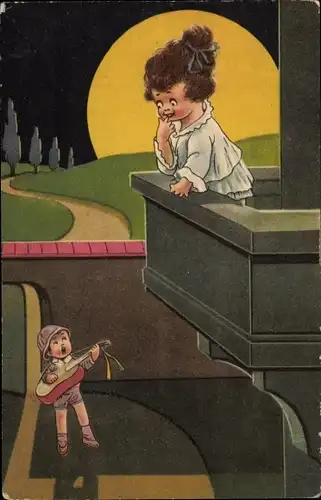 Ak Junge mit Gitarre, Mädchen auf einem Balkon