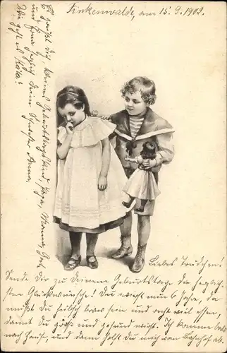 Ak Junge und Mädchen  mit Puppe