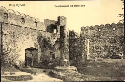 Ak Sobieszów Hermsdorf Kynast Riesengebirge Schlesien, Ruine Kynast, Burghof, Staupsäule