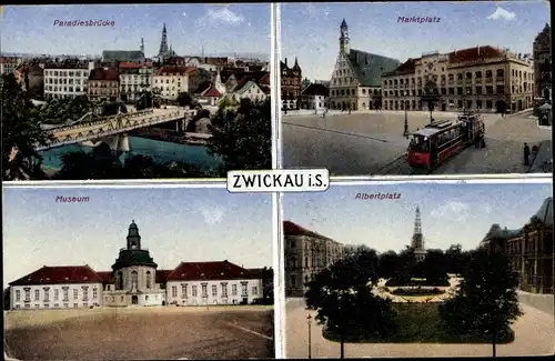 Ak Zwickau Sachsen, Paradiesbrücke, Marktplatz, Museum, Albertplatz