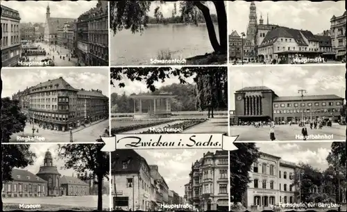 Ak Zwickau in Sachsen, Schwanenteich, Musiktempel, Hauptmarkt, Ringkaffee, Museum, Hauptbahnhof