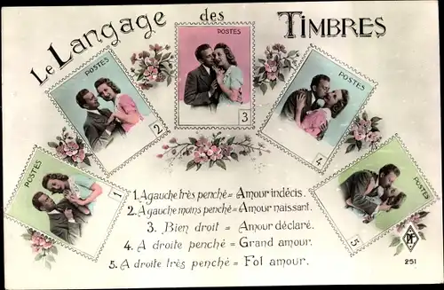 Ak Le Langage des Timbres, Briefmarkensprache, Liebespaar