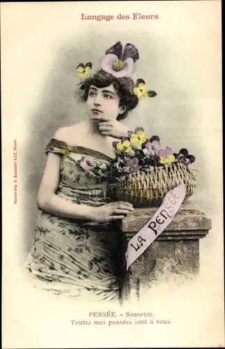 Ak Langage des Fleurs, Pensée, Stiefmütterchen, Blumensprache, Frau