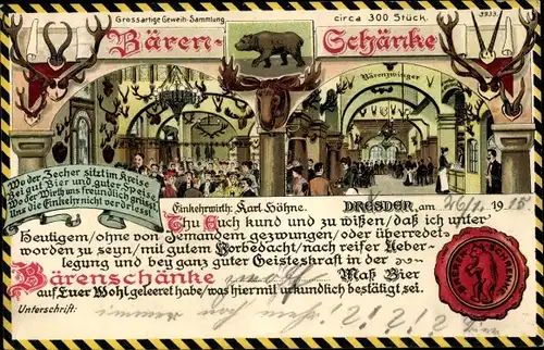 Litho Dresden, Geweihsammlung der Bärenschänke, Wirt Karl Höhne, Siegel