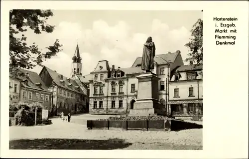 Ak Hartenstein im Erzgebirge, Markt mit Flemming Denkmal