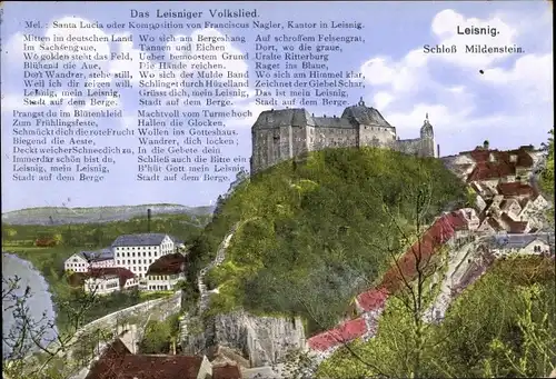 Ak Leisnig in Sachsen, Schloss Mildenstein, Liedtext Leisniger Volkslied