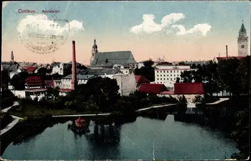 Ak Cottbus in der Niederlausitz, Amselteich, Kirchturm