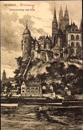 Ak Meißen in Sachsen, Albrechtsburg und Dom, Boot