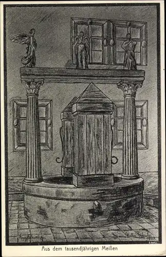 Künstler Ak Meißen in Sachsen, Gedicht, Engelsbrunnen