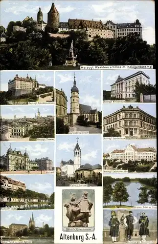 Ak Altenburg in Thüringen, Schloss, Kriegerdenkmal, Postamt, Landestheater, Tracht, Skatbrunnen