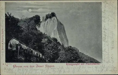 Mondschein Ak Stubbenkammer Sassnitz auf Rügen, Königsstuhl mit Fischerhütte