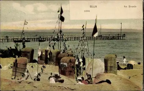 Ak Ostseebad Sellin auf Rügen, Strand, Landungsbrücke, Badegäste