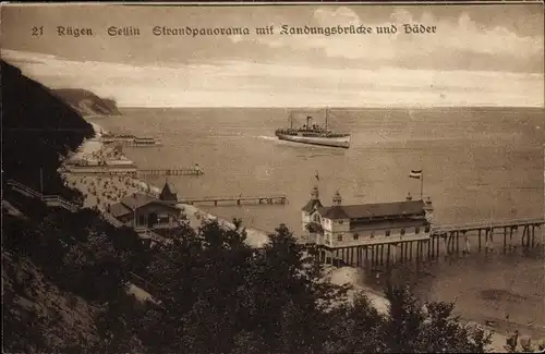 Ak Ostseebad Sellin auf Rügen, Strandpanorama, Landungsbrücke und Bäder, Schiff