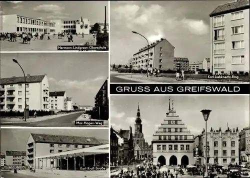 Ak Hansestadt Greifswald, Rathaus, Hermann Lindgreen Oberschule, Karl Liebknecht Ring, Max Hagen Weg