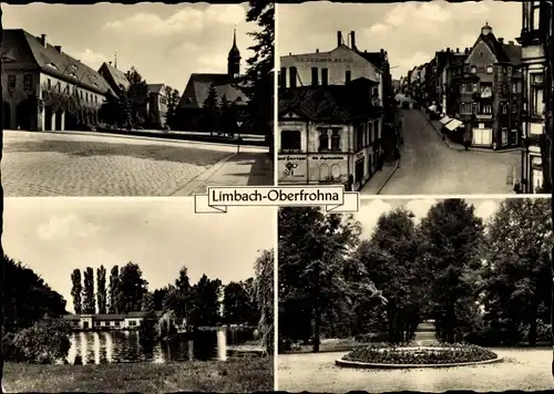 Ak Limbach Oberfrohna in Sachsen, Teilansichten, Straßenansicht, Kirche, Park