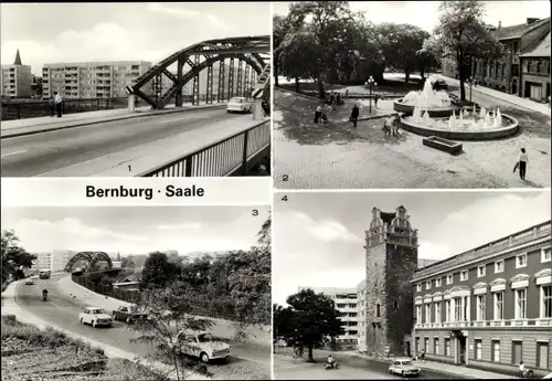 Ak Bernburg an der Saale, Friedensbrücke mit Neubaugebiet, Lindenplatz, Internat für Lehrerbildung