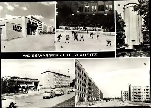 Ak Weißwasser Oberlausitz, Wohnkomplex, HO Kaufhalle Minute, Wasserturm, Eisstadion Wilhelm Pieck