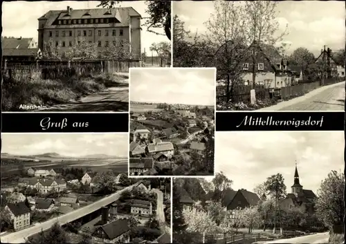 Ak Mittelherwigsdorf in der Oberlausitz, Altersheim, Kirche, Panorama