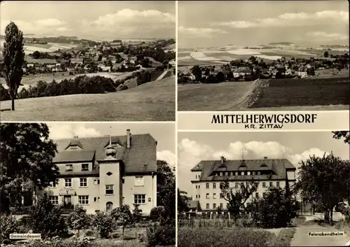 Ak Mittelherwigsdorf Oberlausitz, Gesamtansicht, Gemeindeamt, Feierabendheim