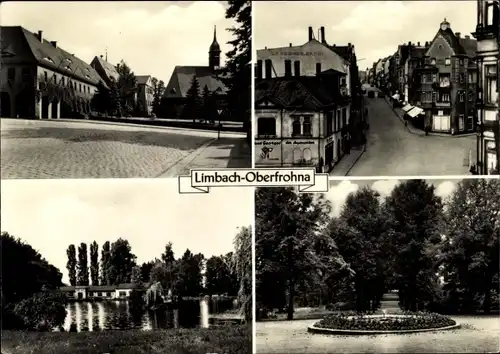 Ak Limbach Oberfrohna in Sachsen, Teilansichten, Kirche, Straßenansicht, Park