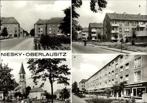 Ak Niesky in der Oberlausitz, Zinzendorfplatz, AWG Siedlung Gersdorfstr., Kirche, Str. d. Befreiung