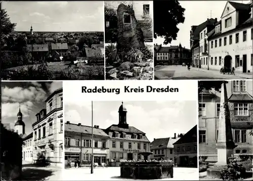 Ak Radeburg in Sachsen, Panorama, Ratskeller, Brunnen, Cafe, Denkmal