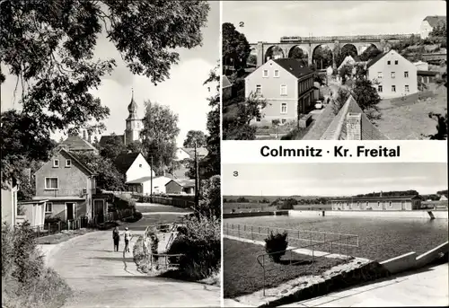 Ak Colmnitz Großenhain in Sachsen, Im Mitteldorf, Eisenbahnbrücke, Freibad