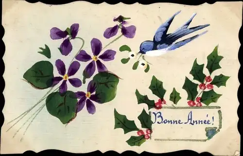 Handgemalt Ak Glückwunsch Neujahr, Schwalbe, Veilchen, Stechpalmenzweige