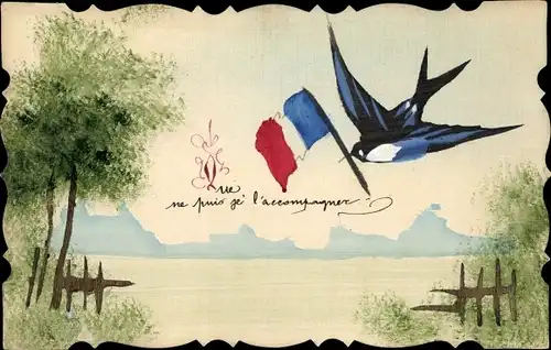 Handgemalt Ak Schwalbe mit französischer Landesflagge
