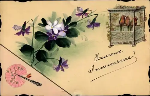 Handgemalt Ak Glückwunsch Geburtstag, Heureux Anniversaire, Vögel im Käfig