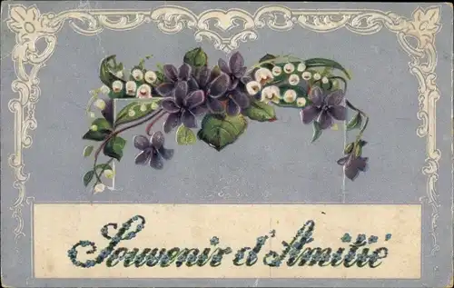 Präge Ak Souvenir d'Amitié, Violette Blüten, Kitsch