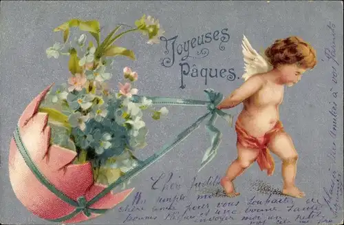 Ak Glückwunsch Ostern, Engel zieht Eierschale mit Blüten