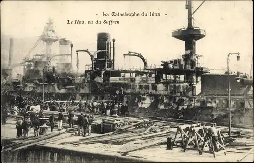 Ak Französisches Kriegsschiff, Iena, Cuirasse, Catastrophe 12 Mars 1907, vu du Suffren
