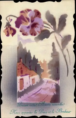 Ak Glückwunsch Neujahr, Straßenpartie in einem Ort, Stiefmütterchen