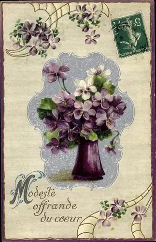 Präge Litho Modeste offrance du coeur, Veilchen in einer Vase