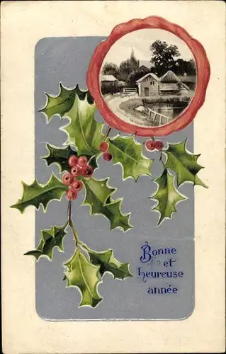 Präge Litho Glückwunsch Neujahr, Ortschaft, Stechpalmenzweige