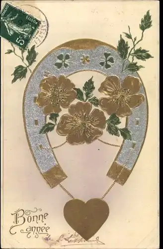 Präge Litho Glückwunsch Neujahr, Hufeisen, Herz, Kleeblätter, Blumen
