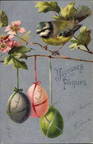 Ak Glückwunsch Ostern, Hängende Ostereier, Vogel auf dem Ast, Meise