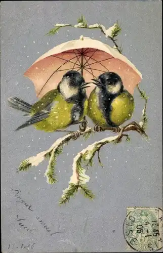 Litho Zwei Vögel mit Regenschirm auf einem Ast, Meisen