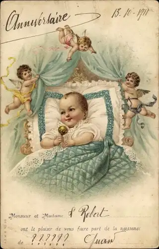 Litho Geburt, Baby mit Rassel im Bett, Engel