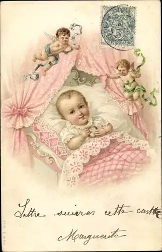 Ak Baby im Kinderbett umringt von kleinen Engeln