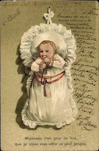 Präge Litho Que je viens vous offrir ce petit poupon, Baby mit Milchflasche