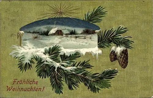 Präge Ak Glückwunsch Weihnachten, Schneebedeckte Tannenzweige, Haus, Stern