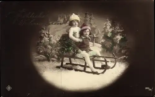 Ak Glückwunsch Weihnachten, Kinder, Tannenbaum, Schlitten