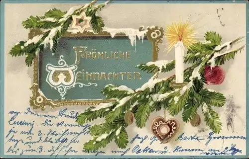 Präge Litho Glückwunsch Weihnachten, Tannenzweige, Kerze, Lebkuchen